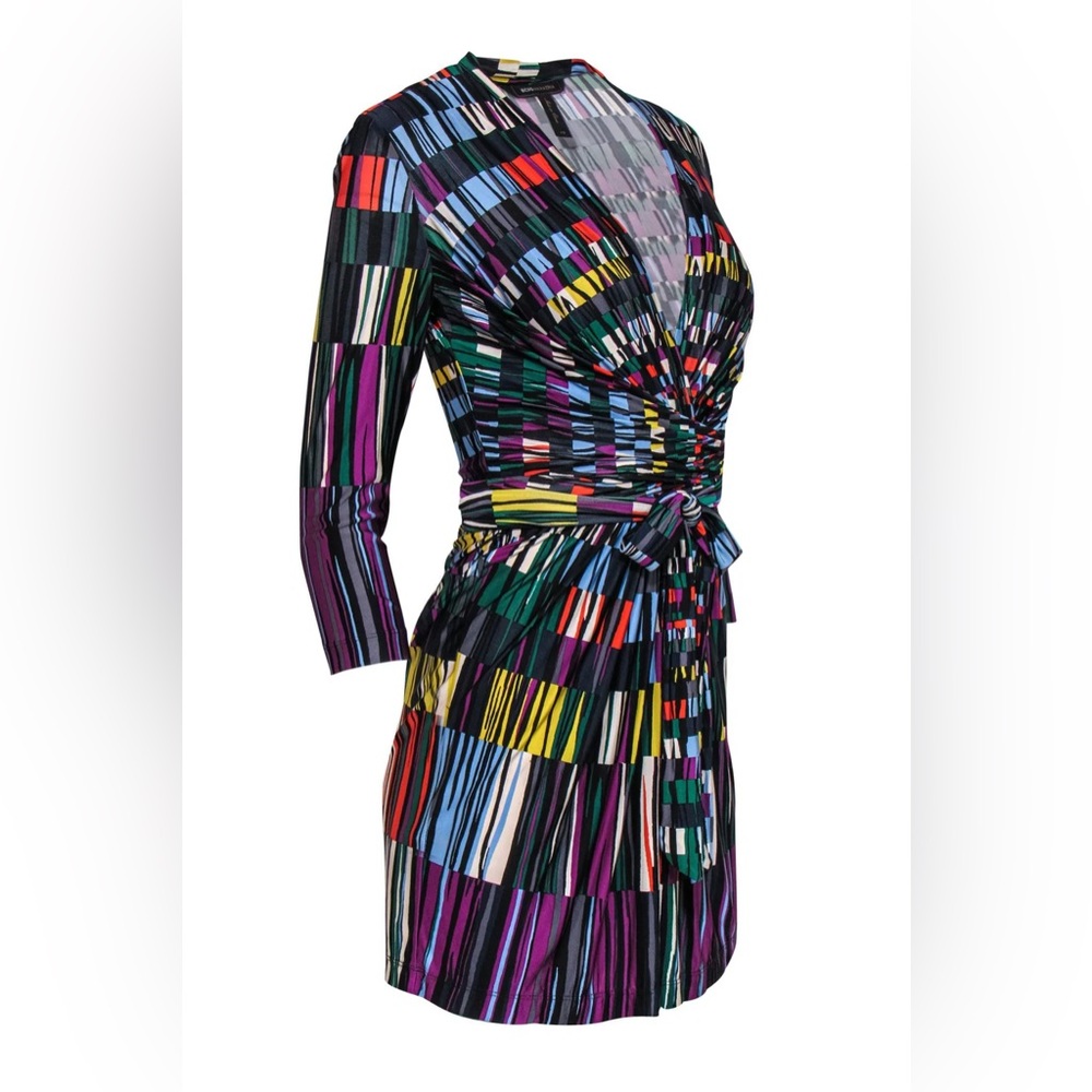 BCBGMaxAzria - Multicolored Striped Surplice Wrap Dress Size S
